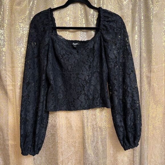 Express Black Sheer Lace Balloon Sleeve Cropped Sweetheart Top Small NWT - Picture 1 of 11